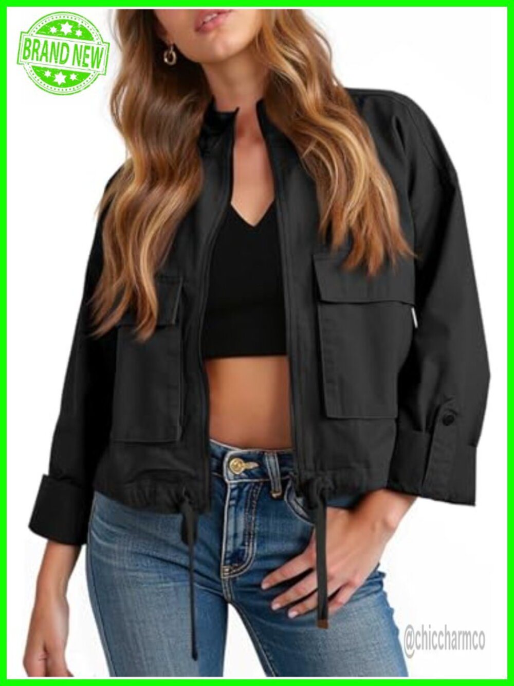 Cotton Cropped Utility Jacket Lightweight Military Safari Coat